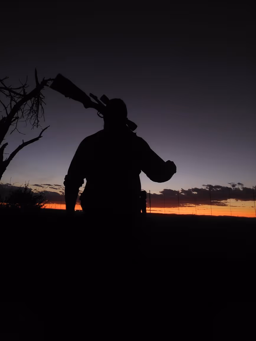 A professional hunter silhouetted against a bushveld sunset